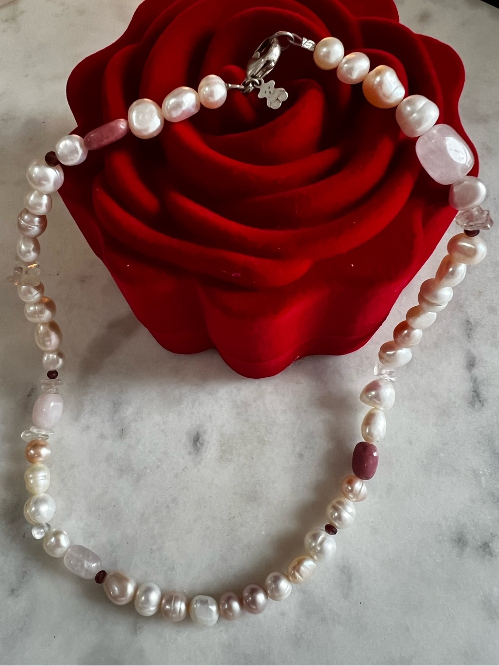 TOUS 925 Pearl Rose Quartz Multi Gemstone Necklace 16.5” 32g